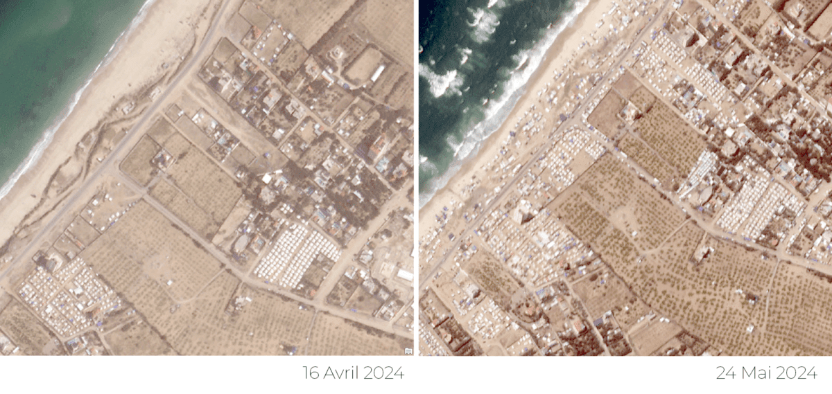 Vues satellite du gouvernorat de Deir al-Balah, zone côtière, Gaza, montrant l’augmentation du nombre de tentes installées par les personnes déplacées fuyant l’offensive israélienne sur Rafah débutée le 6 mai 2024. © 2024 Planet Labs