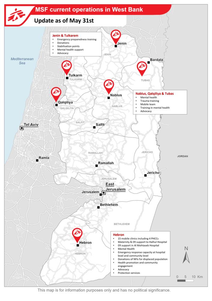 Carte de sopérations de MSF en Cisjordanie le 31 mai, 2024 © MSF