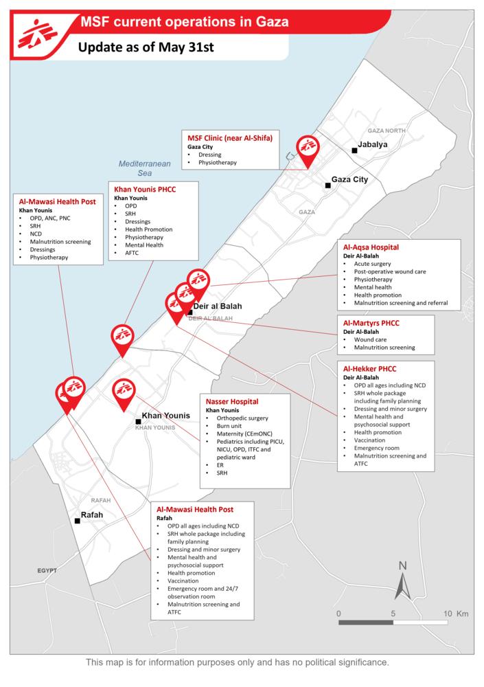 Carte des opérations de MSF à Gaza au 31 mai 2024