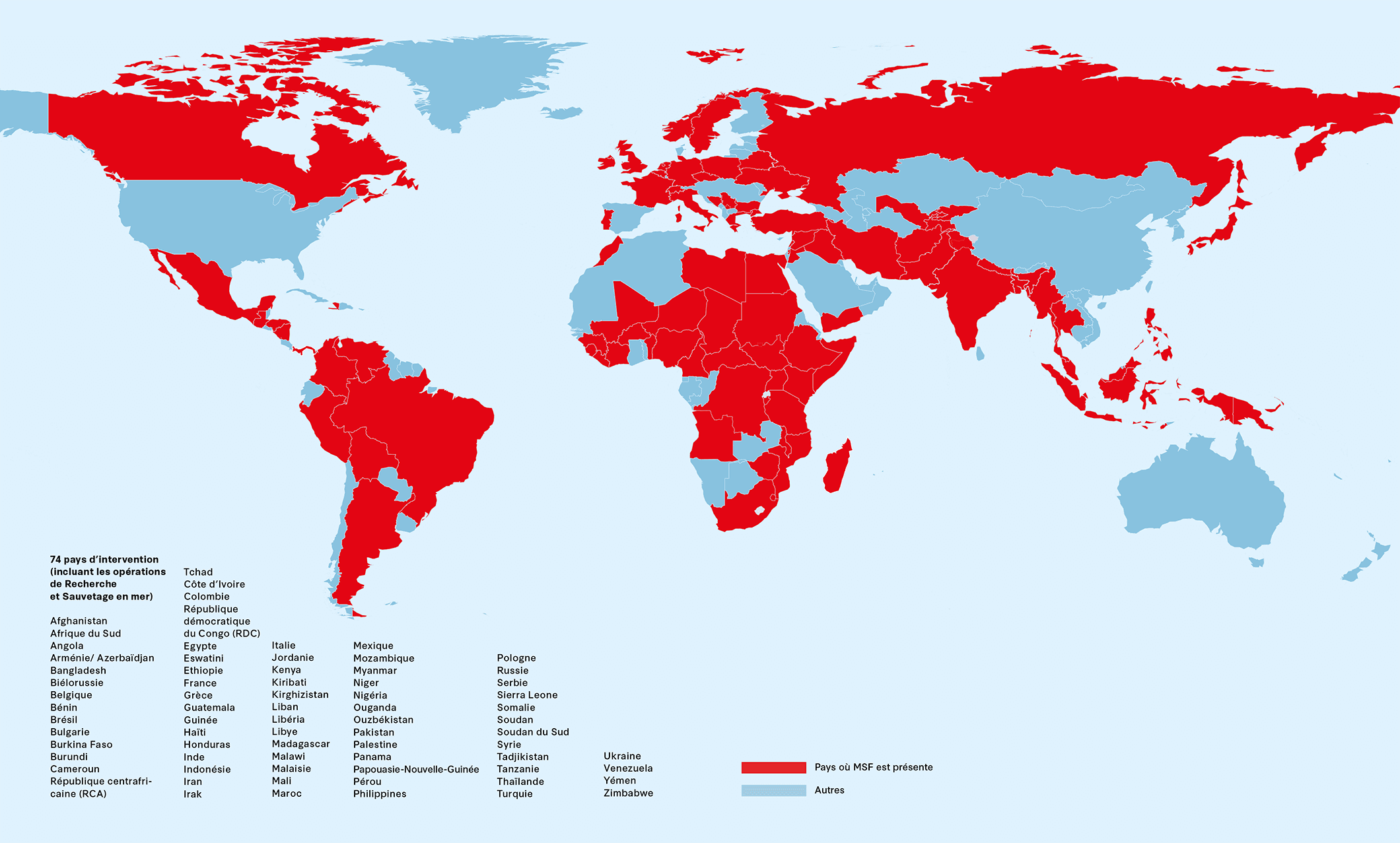 Carte avec les pays d'intervention de MSF en 2023. © MSF