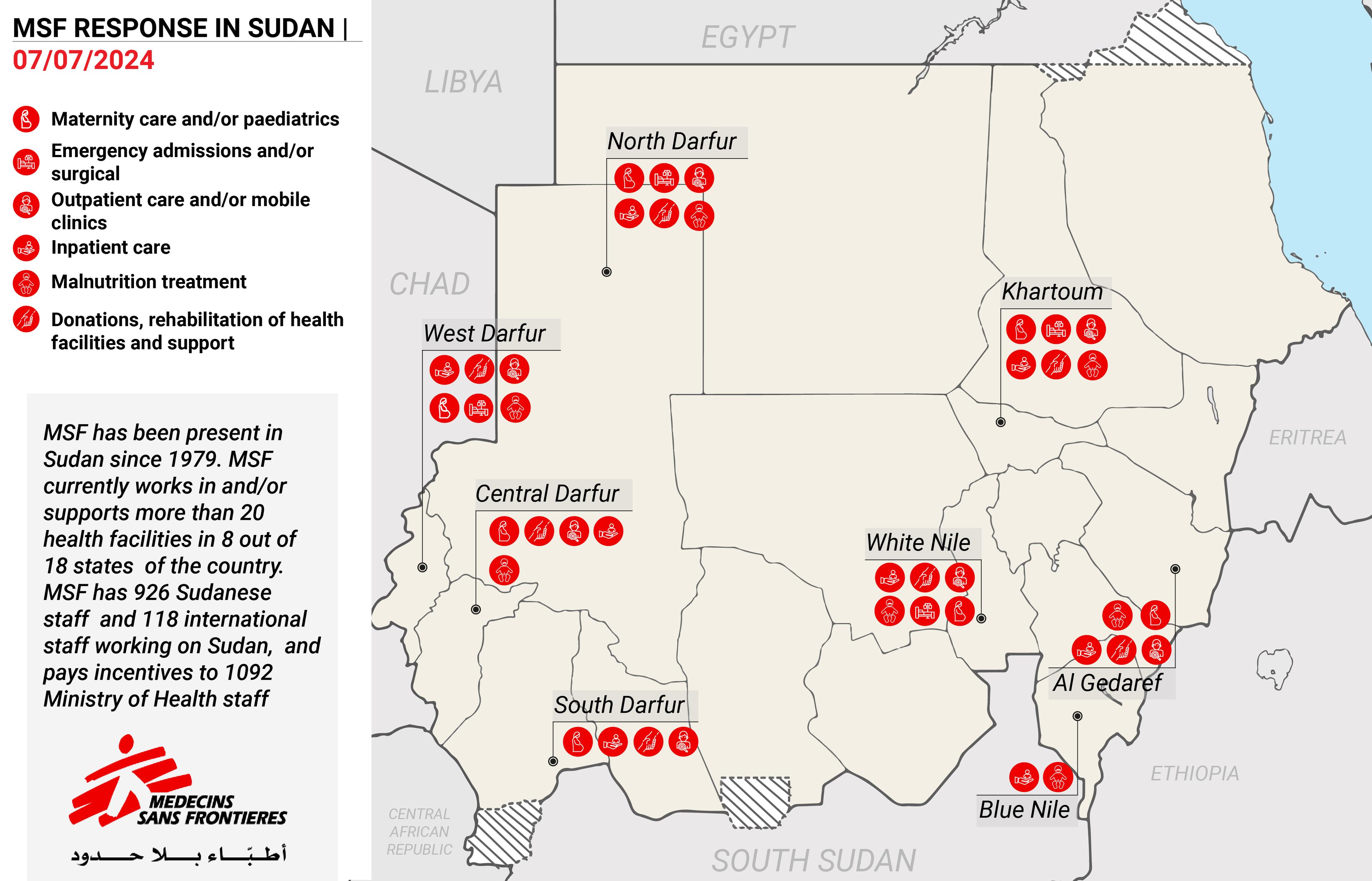 Carte de la réponse MSF au Soudan