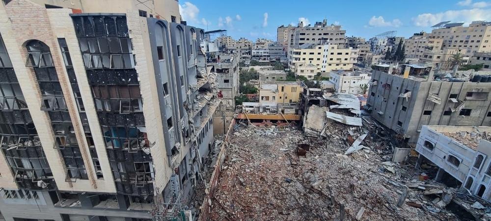 Vue générale des bâtiments détruits dans le quartier d'Al-Shifa, à proximité de la clinique MSF, dans la ville de Gaza. Juin 2024.