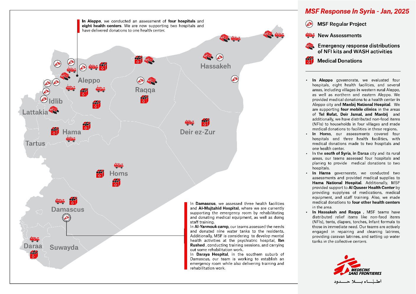 Carte des activités de MSF en Syrie, Janvier 2025