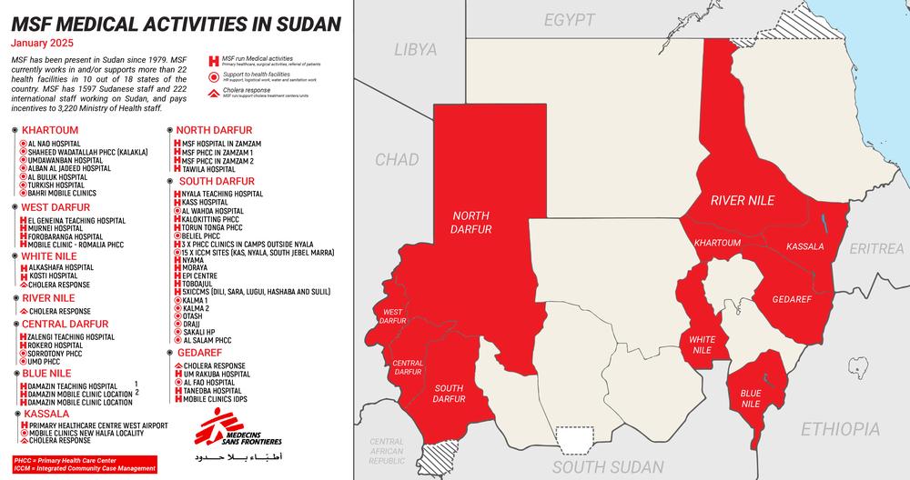 Carte des activités médicales MSF au Soudan