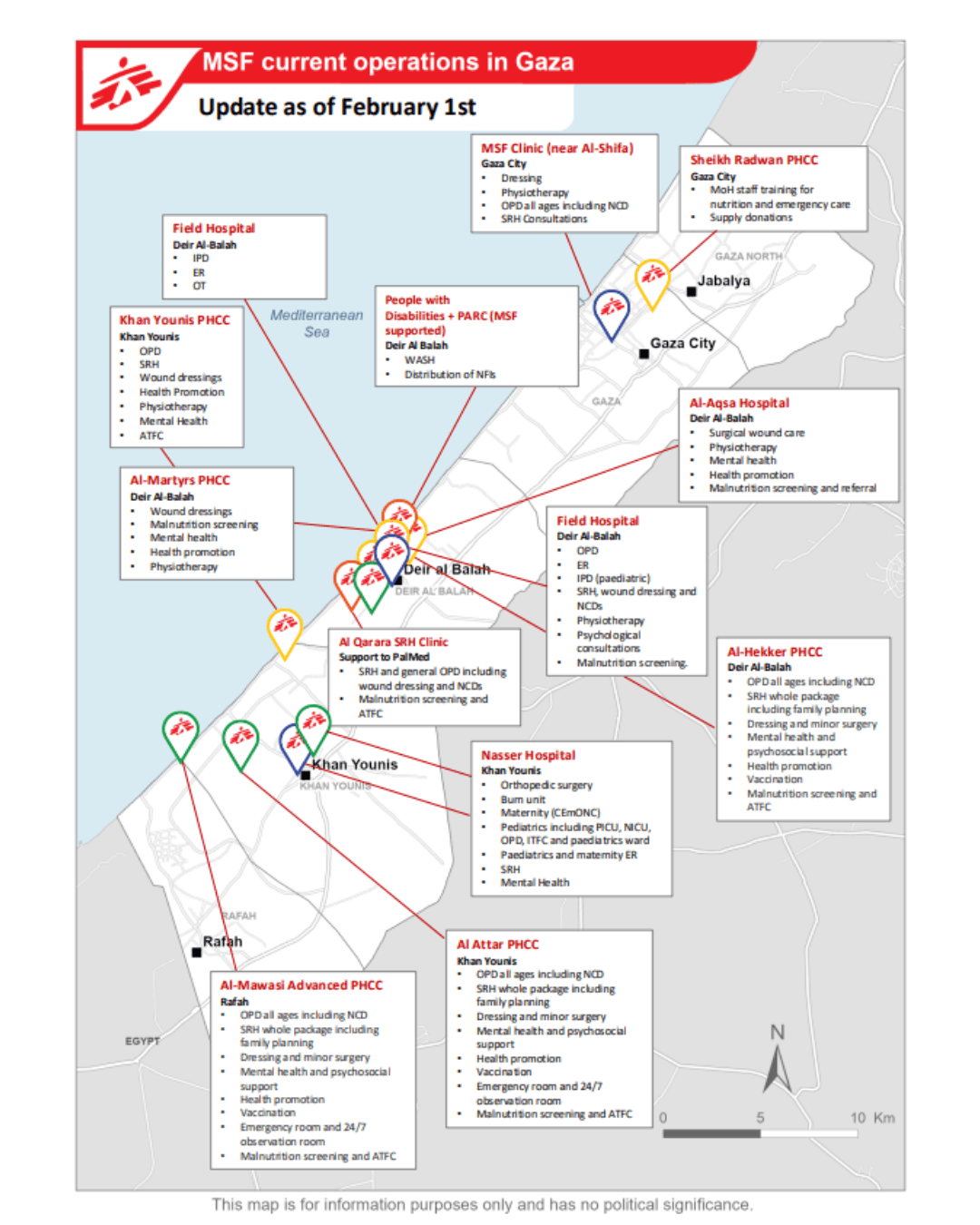 Carte des opérations MSF à Gaza au 1er férvier 2025