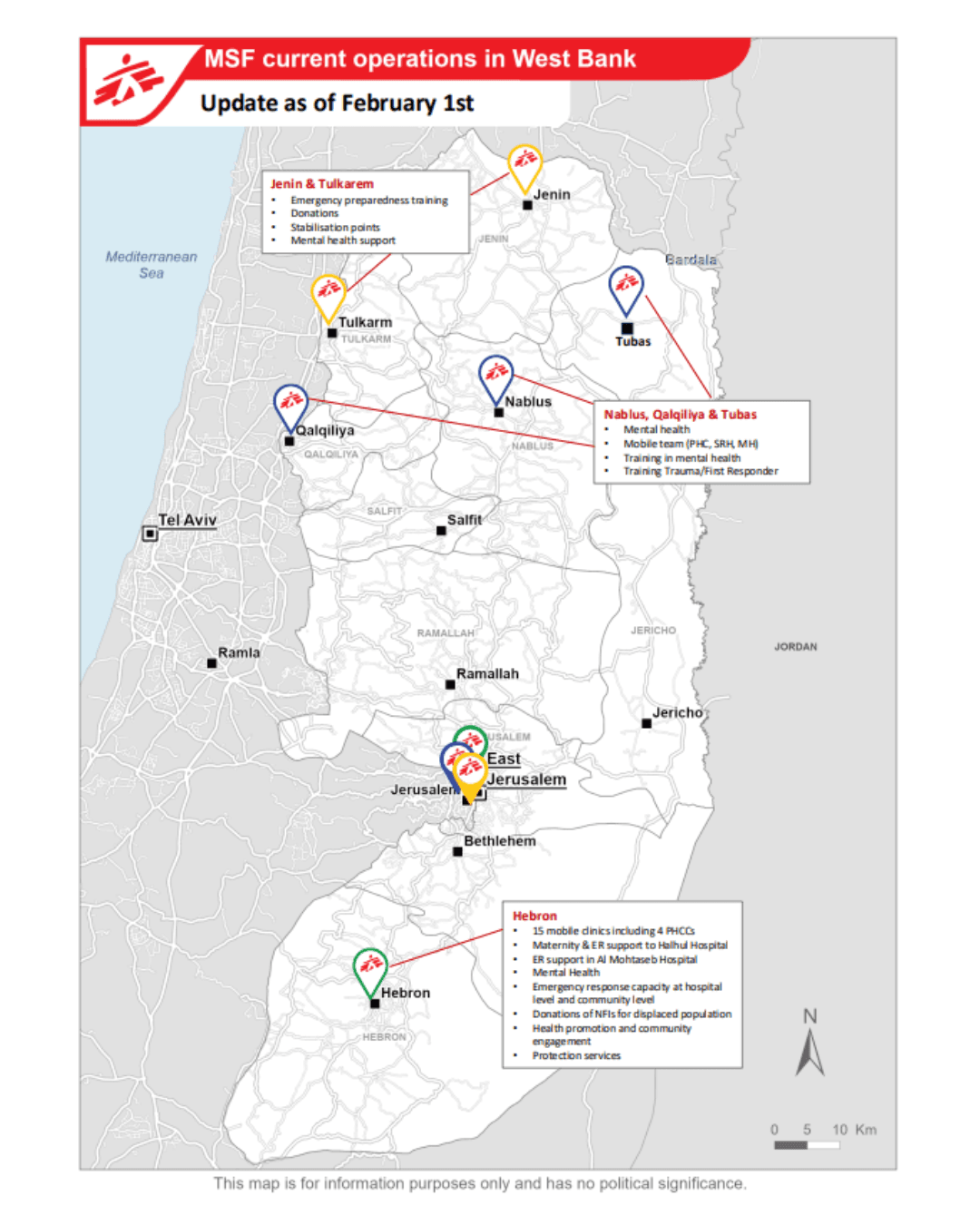 Carte des opérations MSF en Cisjordanie au 1er férvier 2025