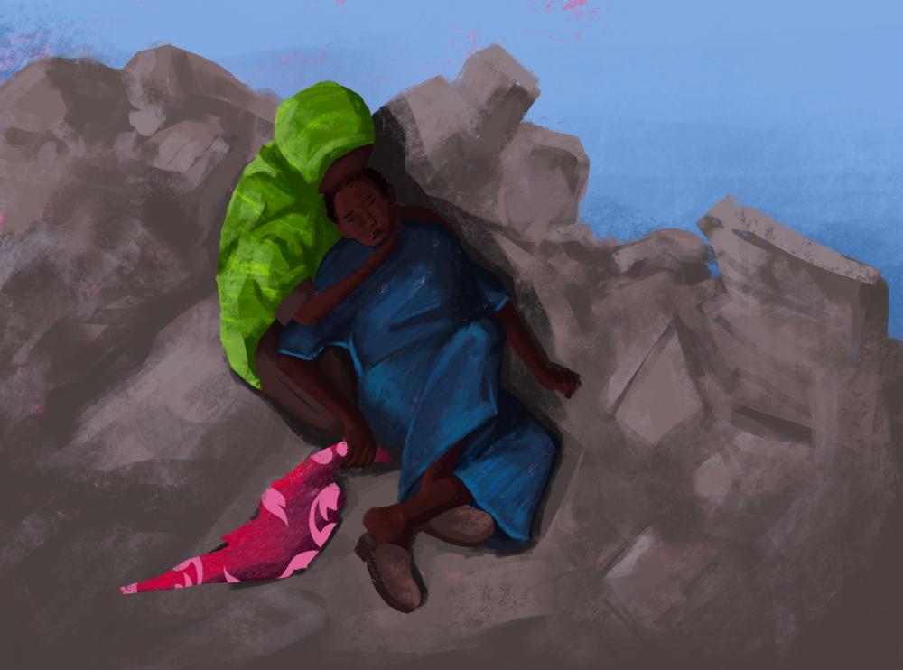 Illustrations à l'appui du dossier de témoignages sur les violences sexuelles subies par les patients MSF durant leur long périple d'El Fasher, au Soudan, à Tiné, au Tchad, en passant par le Darfour occidental et vice-versa.