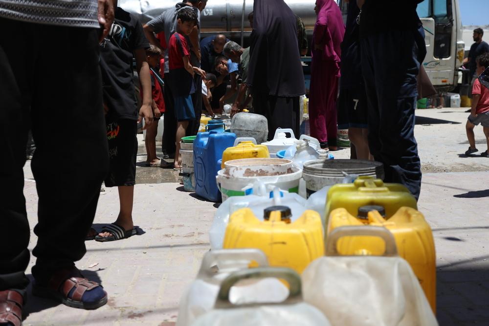 Des Palestiniens déplacés à Gaza alignent leurs jerrycans vides pour obtenir de l'eau.
