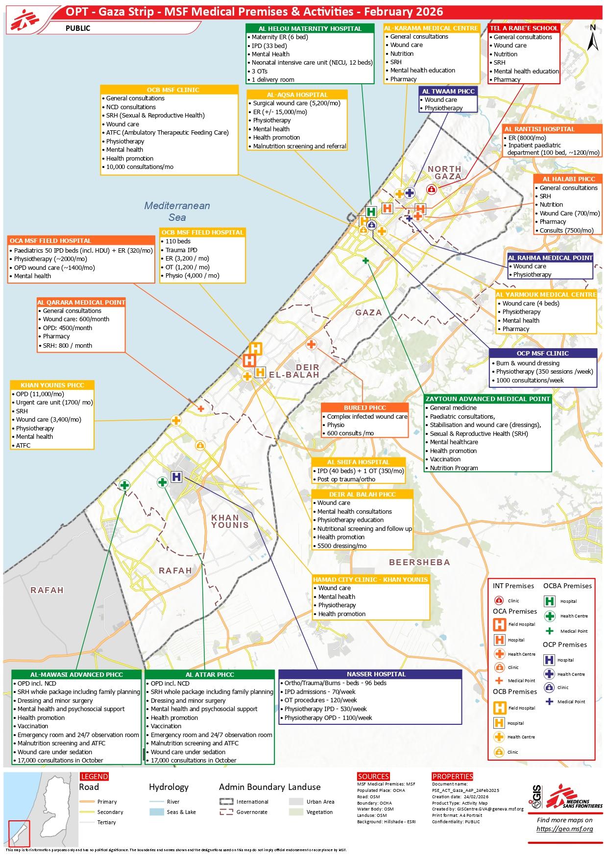 Carte des opérations de Médecins Sans Frontières dans la bande de Gaza au 24 février 2026 ©MSF