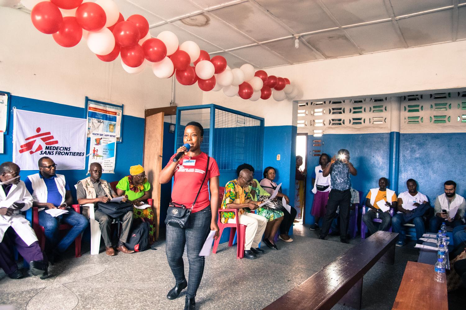 MSF health promotion supervisor speaks at the opening of mental health activities in the Star of the Sea clinic in West Point, Liberia, July 2019. 