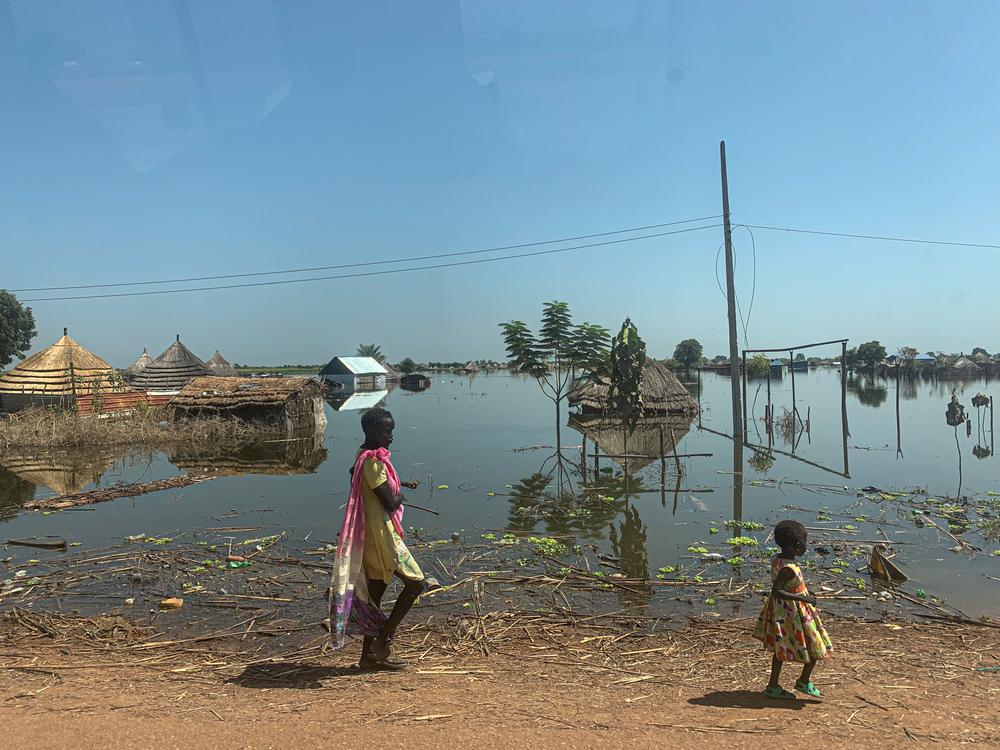A woman and her young child walk through the flooded town of Bentiu, Unity State.