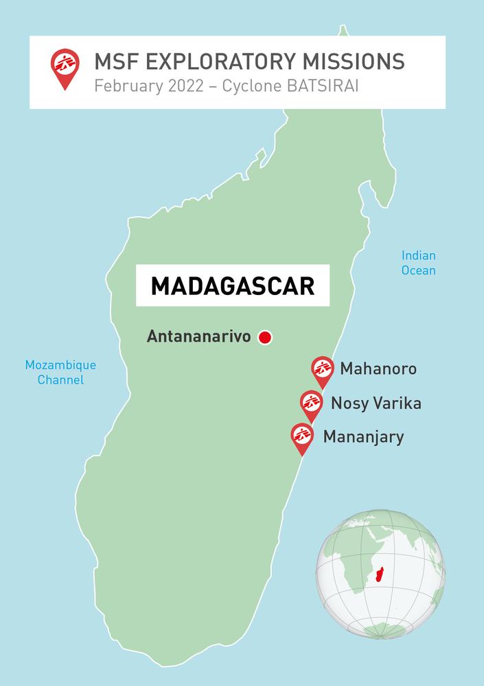 Carte des missions exploratoires de MSF après le passage du cyclone Batsirai - Février 2022 