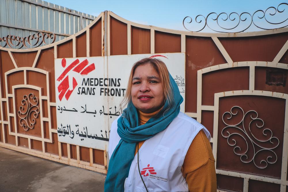 Shazia works as a midwifery manager in MSF&#039;s Al Amal maternity ward. She joined MSF in 2011. She is pictured here in front of the maternity ward. 