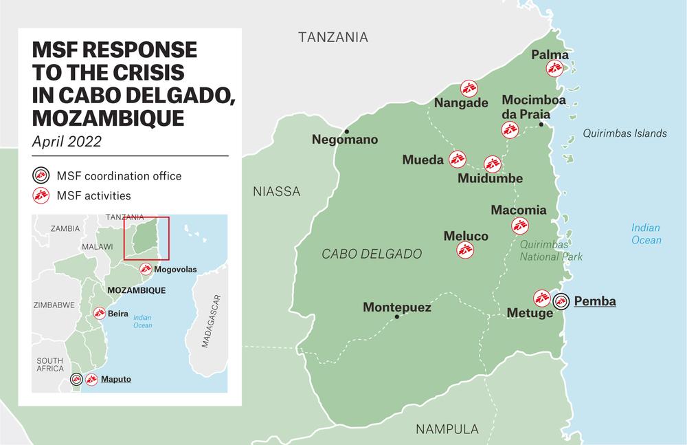 Map indicating the different projects MSF has in the province of Cabo Delgado, Mozambique. April 2022. 