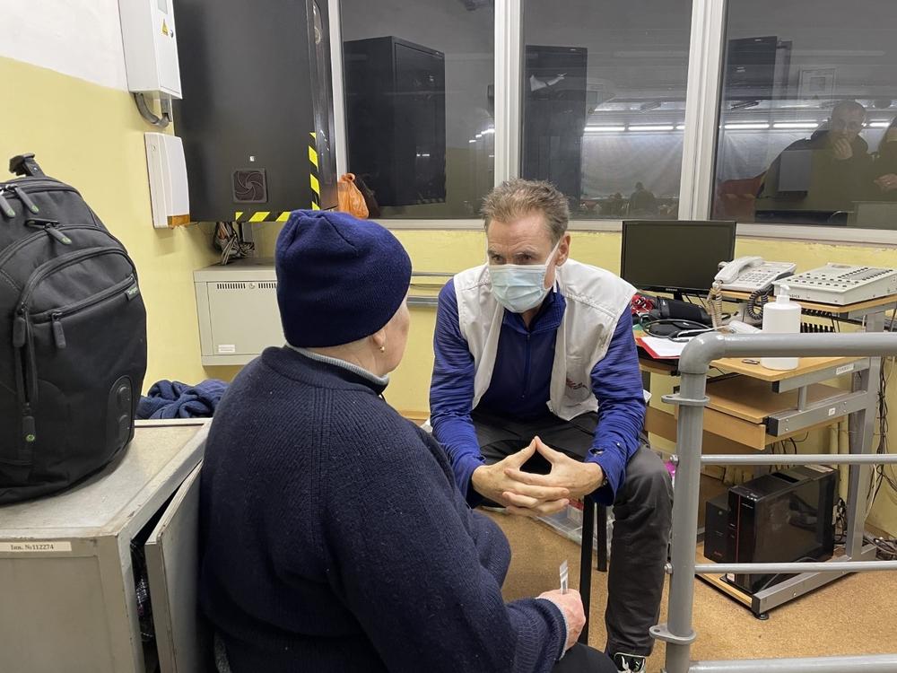 Dr Morten Rostrup, MSF staff, providing medical consultations in a metro station in Kharkiv. 