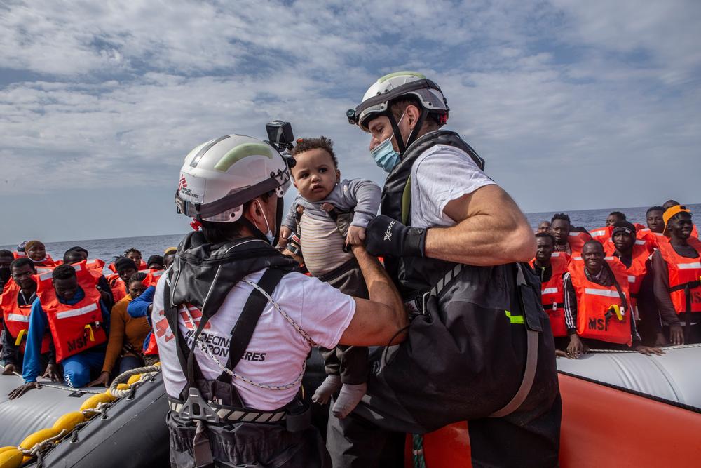 Early in the morning of 9 May, our team spotted two boats in distress carrying a total of 204 people. Among them was a nine-month-old boy, Mohammed, who was taken to safety on deck by MSF with his mother. 