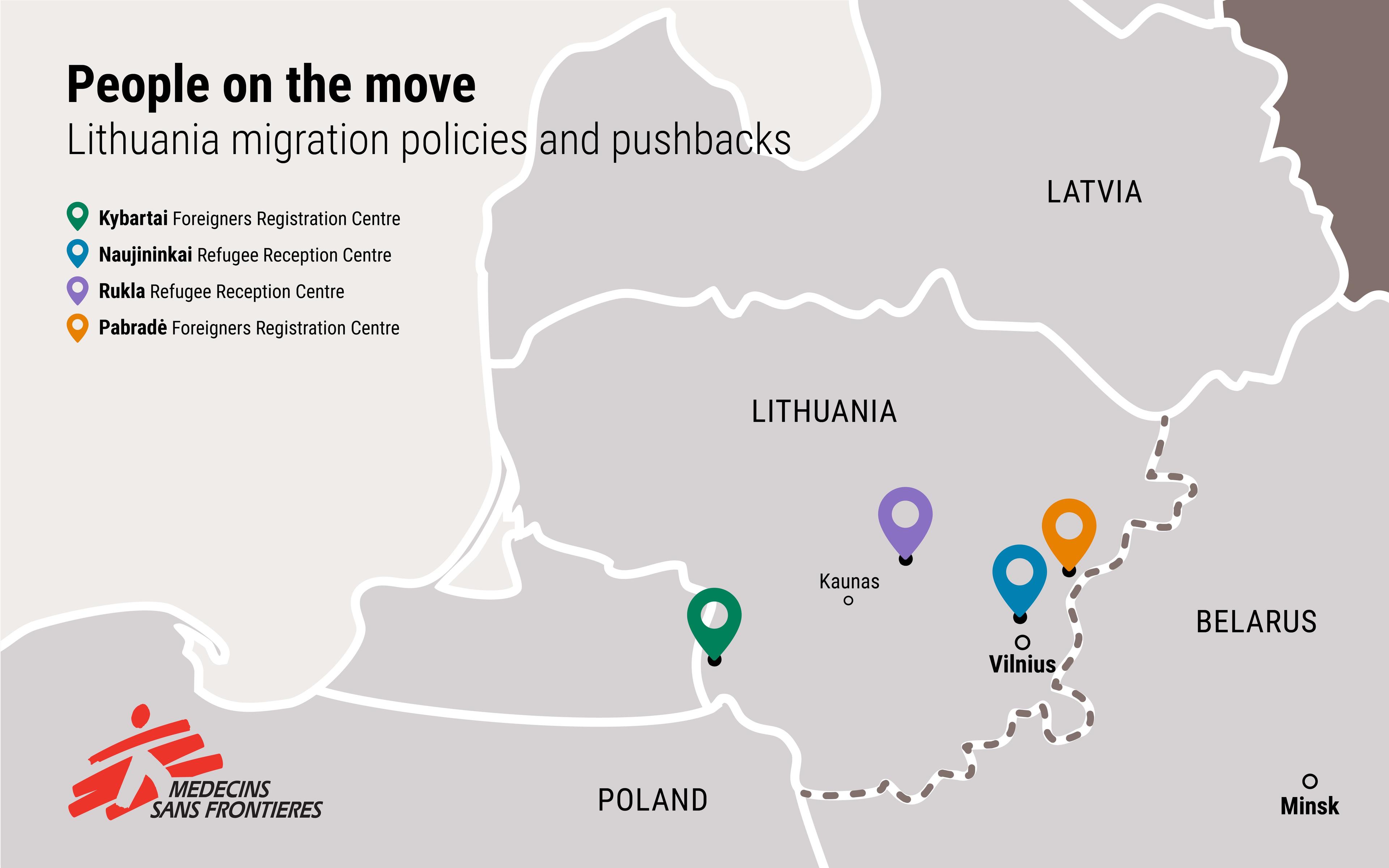 Carte montrant les frontières internationales de la Lituanie et les centres de réfugiés en Lituanie. 