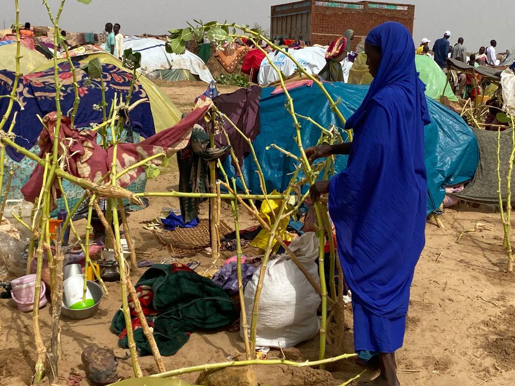 Une femme fabrique un abri dans le camp de transit d&#039;Adré où sont accueillis les nouveaux réfugiés d&#039;El Geneina. 