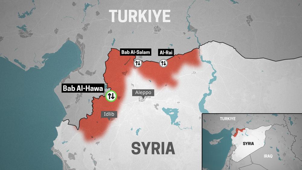 Carte des points de passage pour l&#039;acheminement de l&#039;aide humanitaire dans le nord-ouest de la Syrie; juillet 2023./ MSF