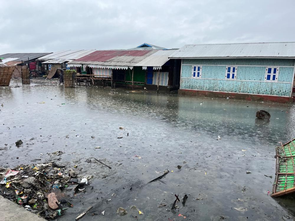 Flooding in the A Nout Ye camp for displaced people in Pauktaw, more than a month after Cyclone Mocha. 