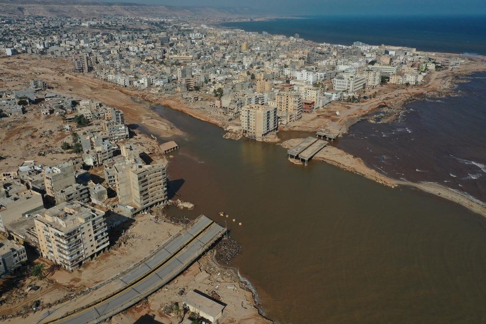 An aerial view of devastation after the floods caused by the Storm Daniel ravaged the region, in Derna, Libya on September 17, 2023. 