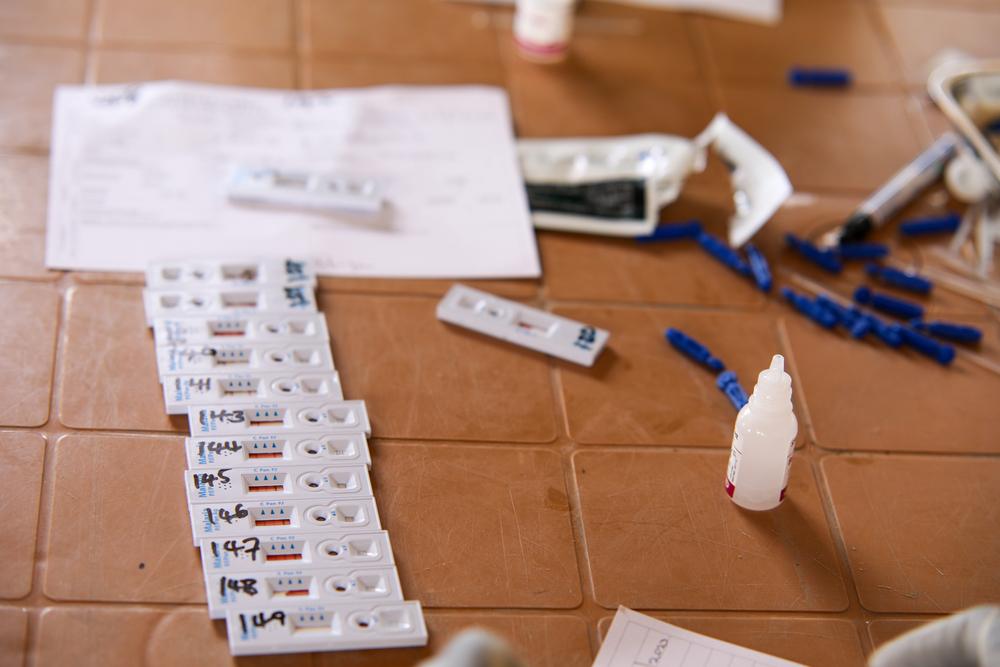 Malaria screening kits at the MSF mobile clinic in the zero transit centre in Renk, Upper Nile State. 