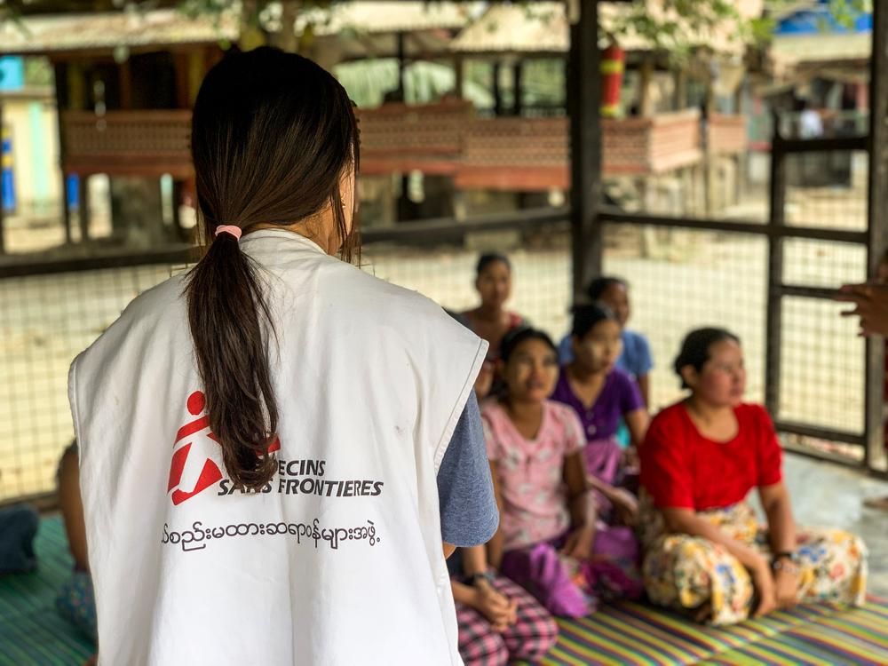 Mental health education sessions given by MSF counsellors and community health workers. This photo was taken before Cyclone Mocha, which increased the need for mental health care. 