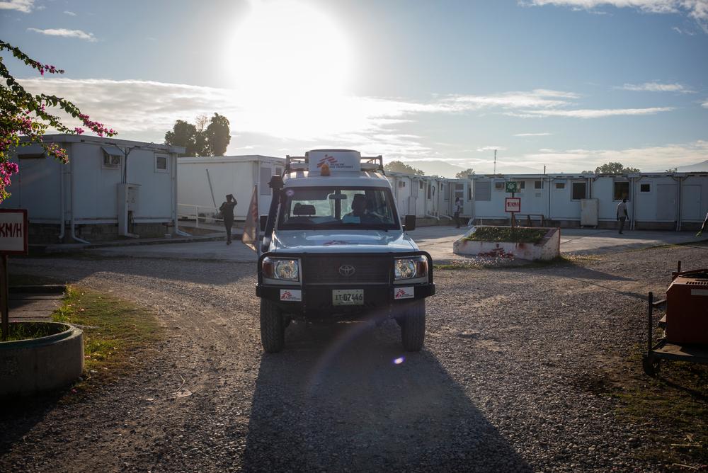 A car in the back yard of the Tabarre hospital. 