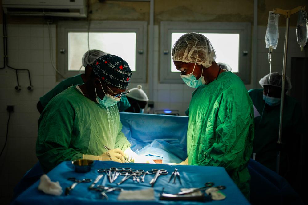 Médecins Sans Frontières surgeon Dr Jules operates on a hernia patient at Mamfe District Hospital in southwest Cameroon. June, 2021 