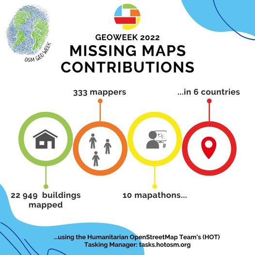 Vue d&#039;ensemble des contributions réalisées lors des initiatives organisées à l&#039;occasion de la semaine de sensibilisation à la géographie d&#039;Open Street Map (alias OSM Geo Week)