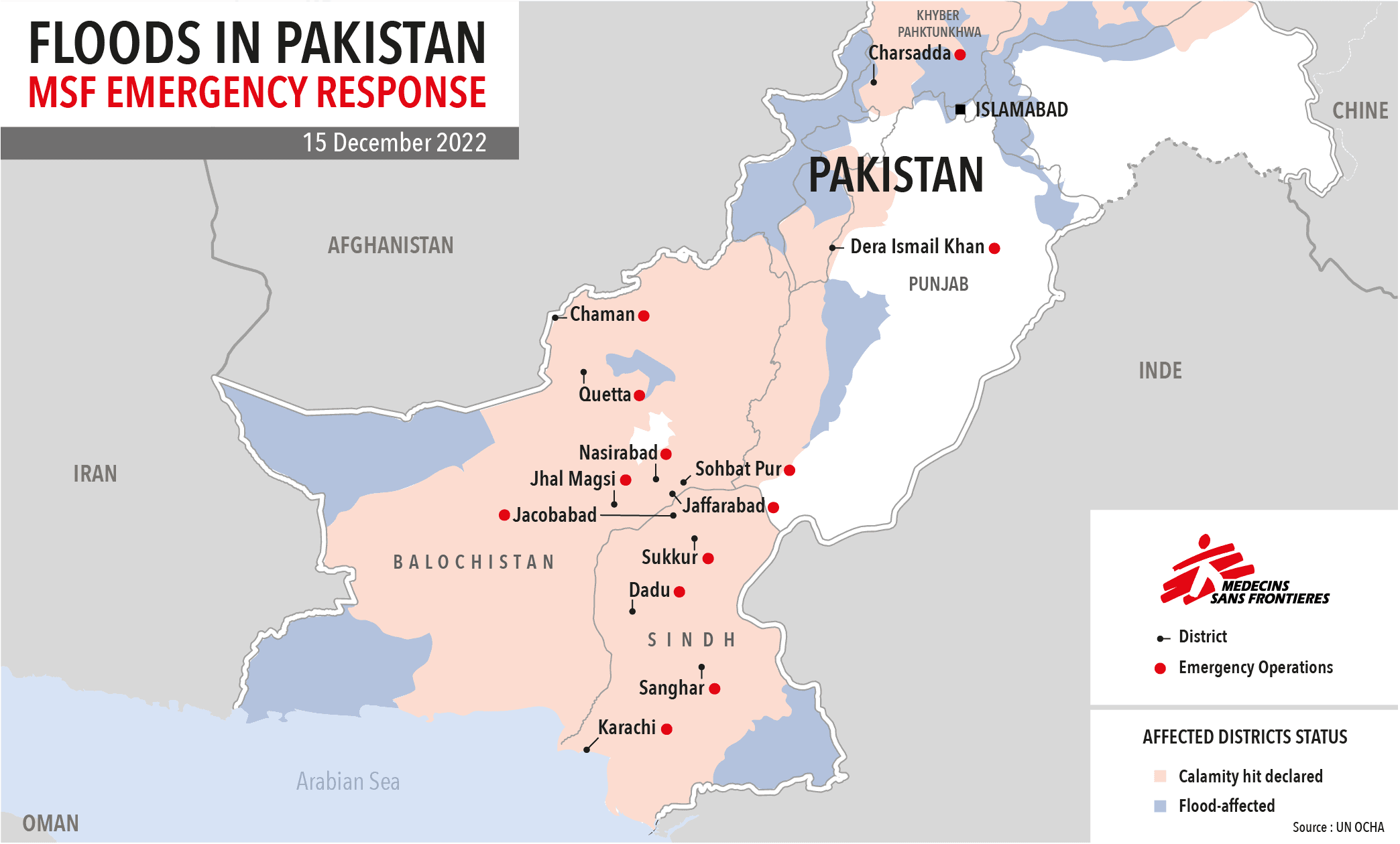 Inondations au Pakistan, carte de la réponse MSF, 15/12/2022  