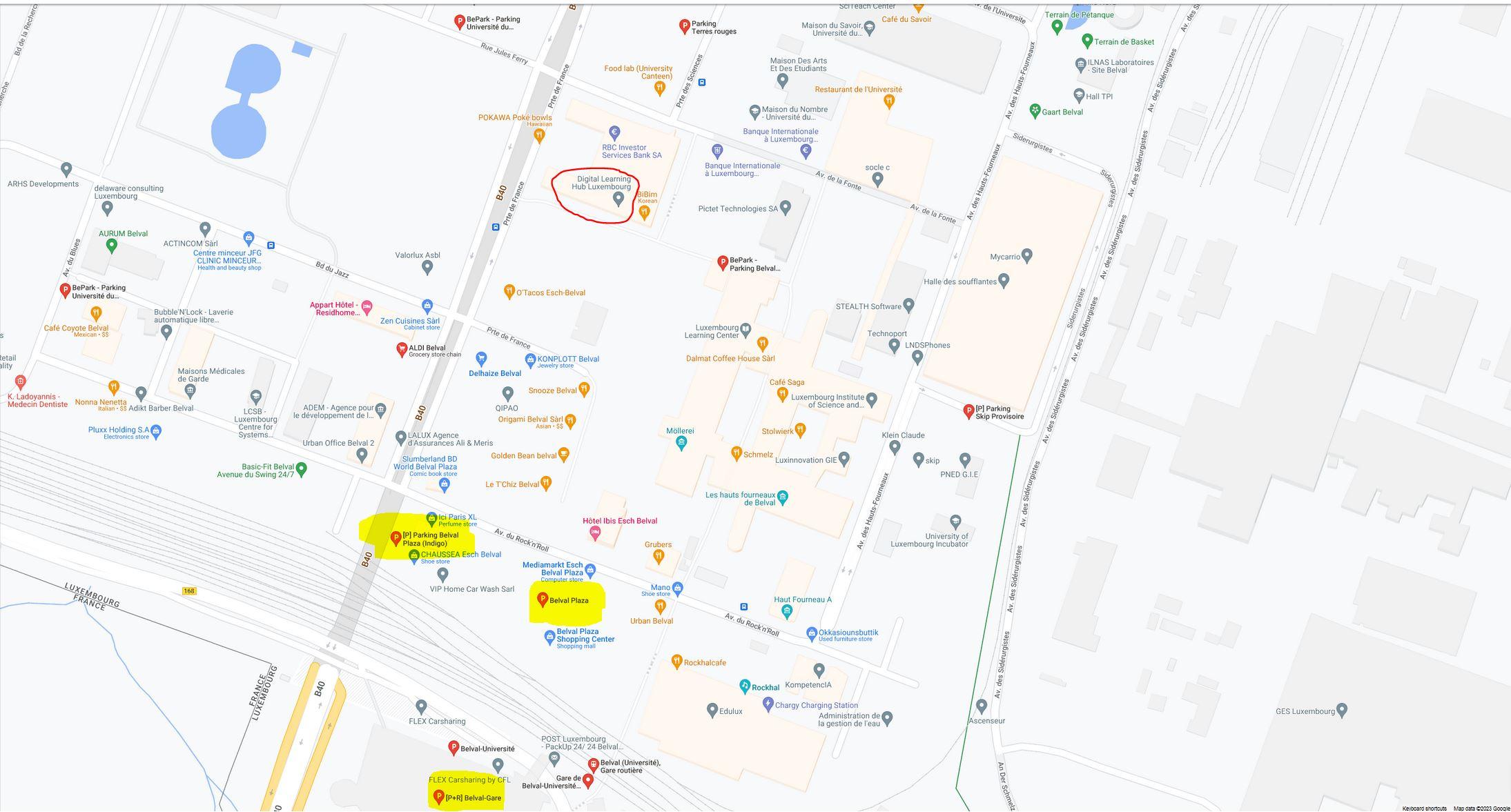 Plan d&#039;accès parkings Belval Plaza et Belval-Gare