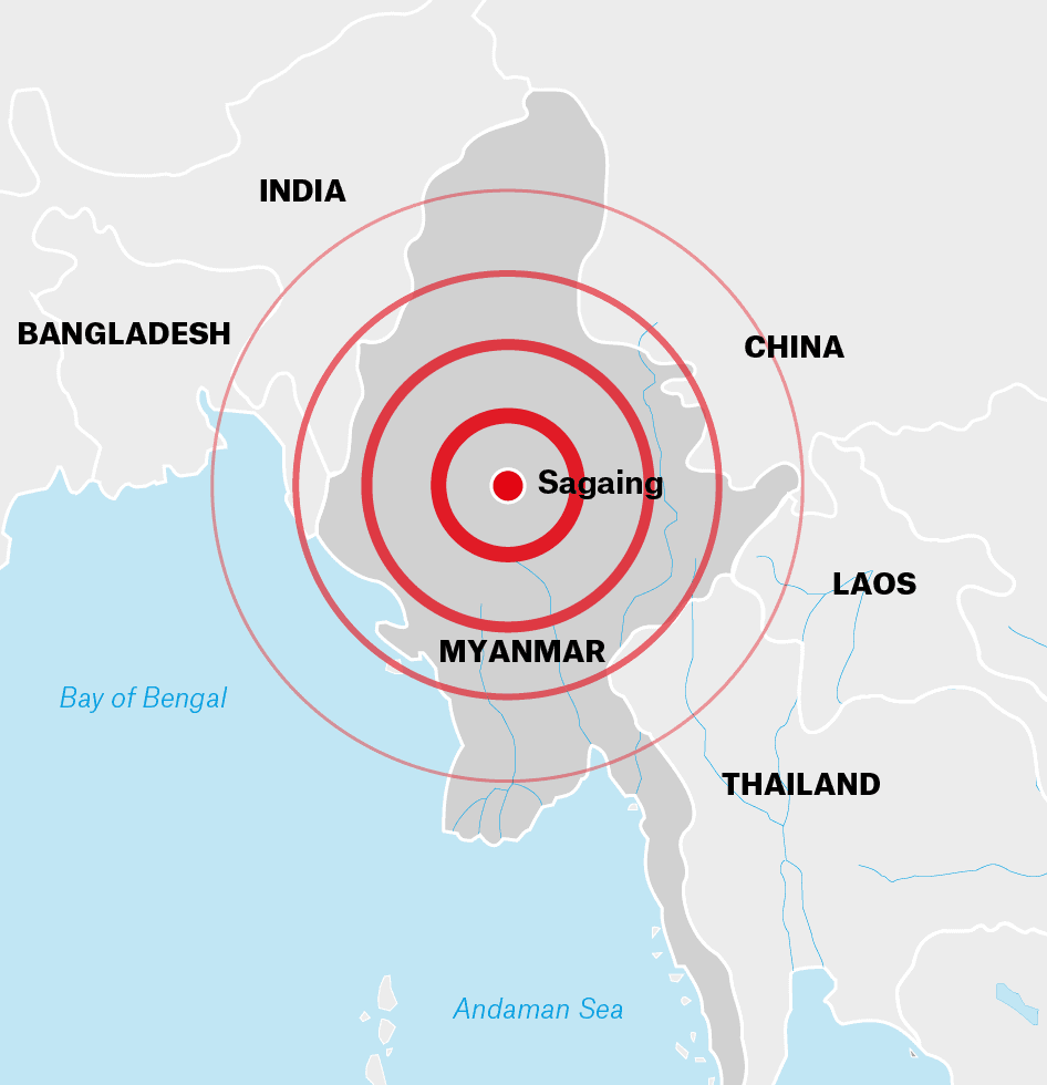 Carte des zones touchées par le séisme au Myanmar et en ThaÏlande © MSF