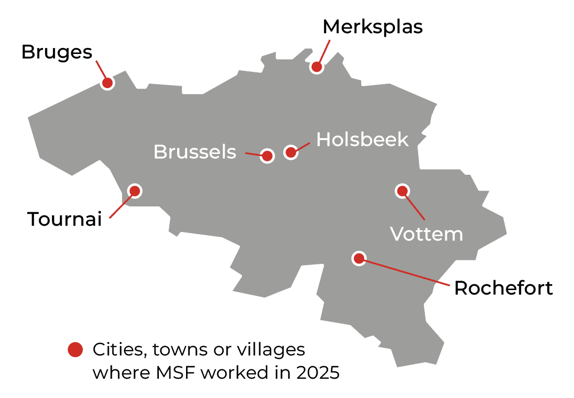 Carte des activités de MSF en Belgique en 2025 © MSF