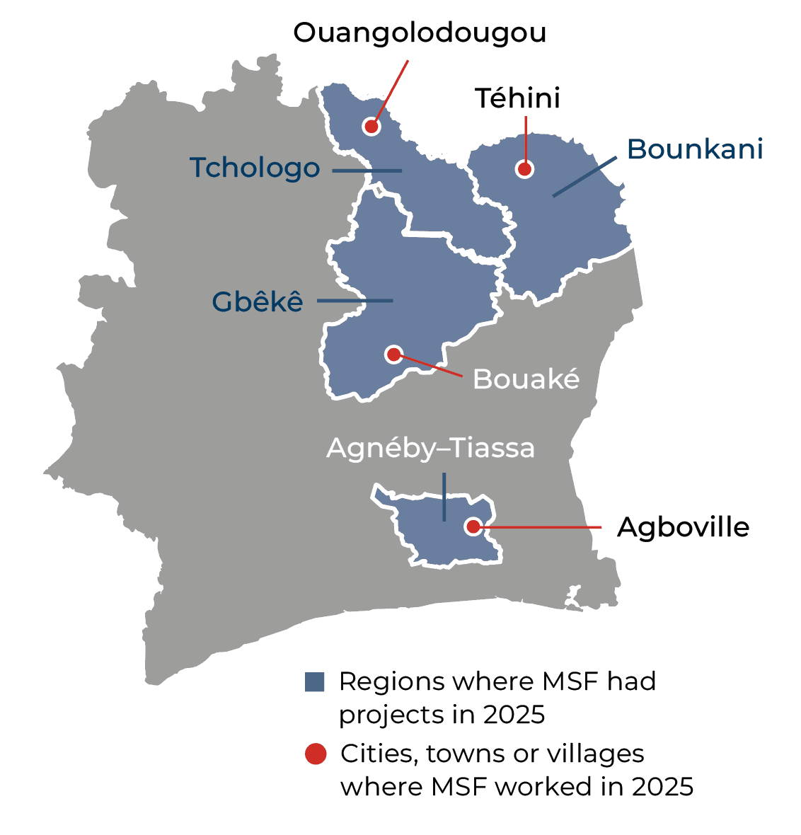 Carte des activités de MSF en Côte d'Ivoire en 2025 © MSF