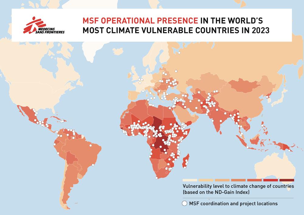Carte avec la présence opérationnelle de MSF dans les pays les plus vulnérables au changement climatique en 2023