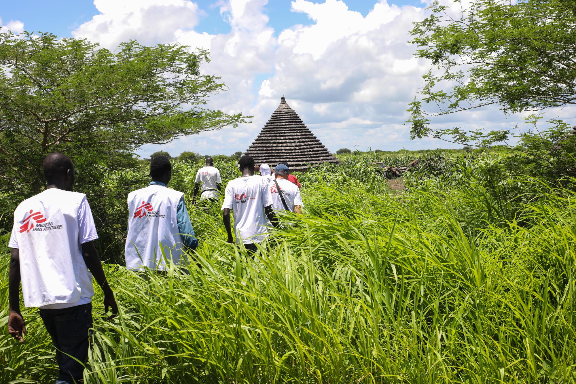 Les équipes MSF se frayent un chemin à travers des sentiers buissonniers, en direction d'un site de gestion intégrée des cas communautaires (ICCM) à Abyei. © Sean Sutton/Panos Pictures