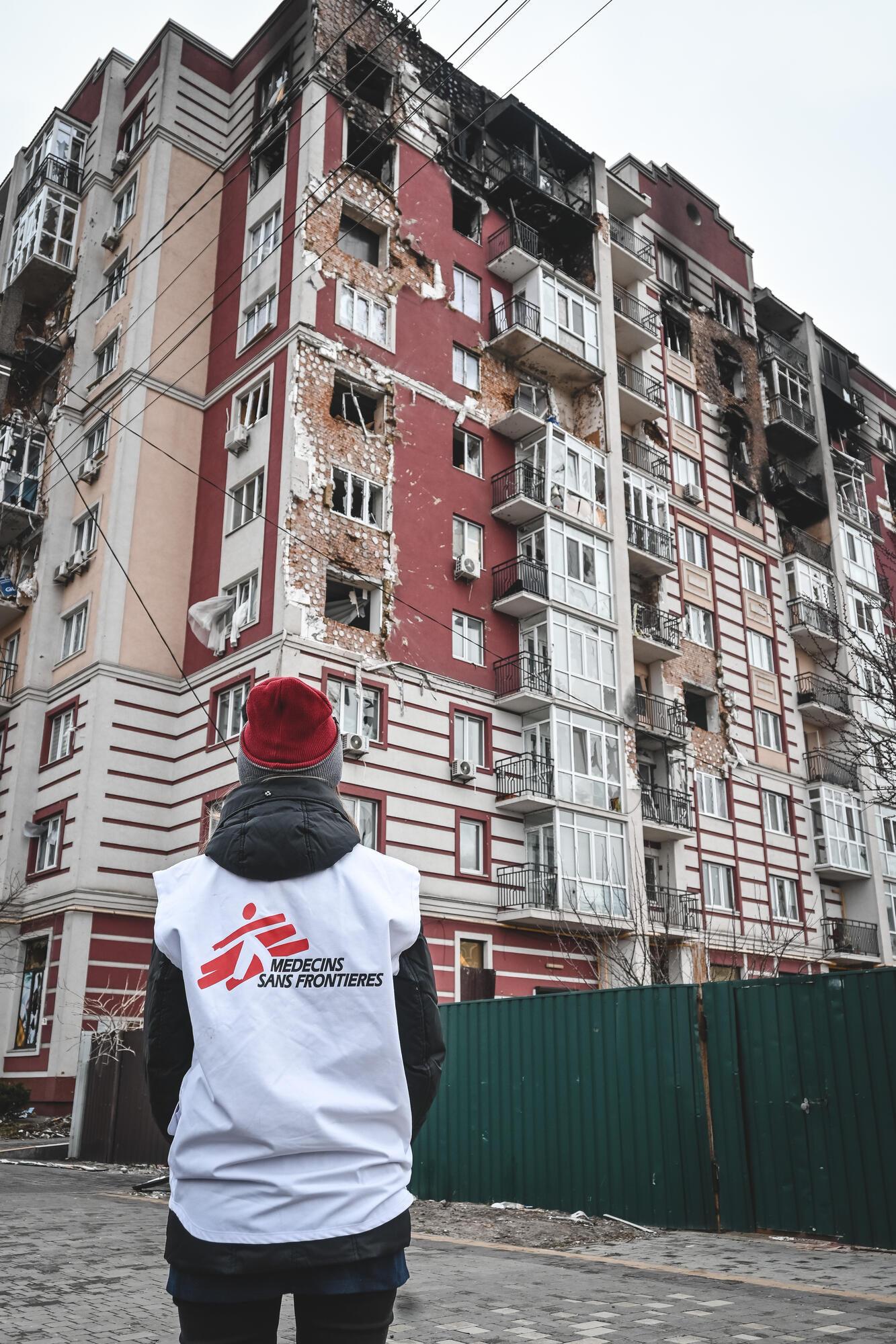 Les combats acharnés ont causé d'importants dégâts aux bâtiments et aux infrastructures dans et autour de l'Hostomel. © Maurizio Debanne/MSF