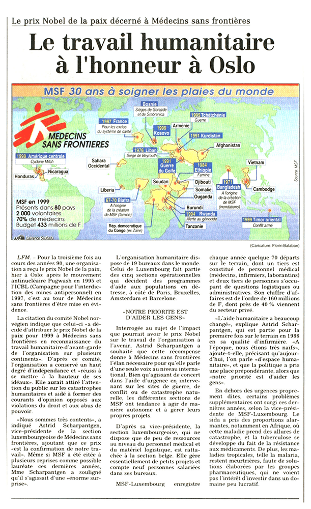 Article publié dans le journal 'La Voix de Luxembourg' le 16 octobre 1999 avec une interview à Astrid Scharpantgen alors Vice-présidente de la section luxembourgeoise de MSF. © MSF/ LuxORR