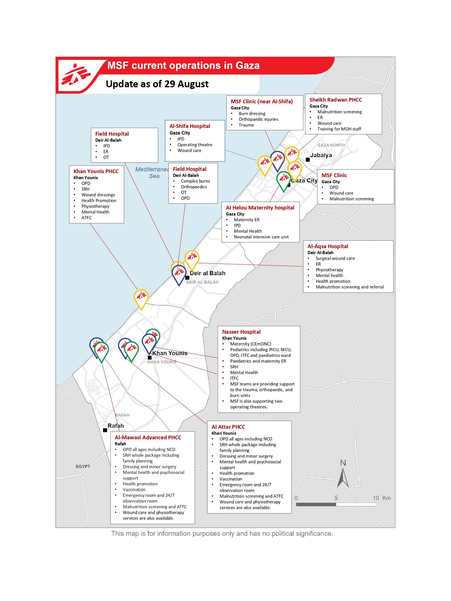 Carte des opérations de MSF à Gaza ©MSF - 29 août 2025