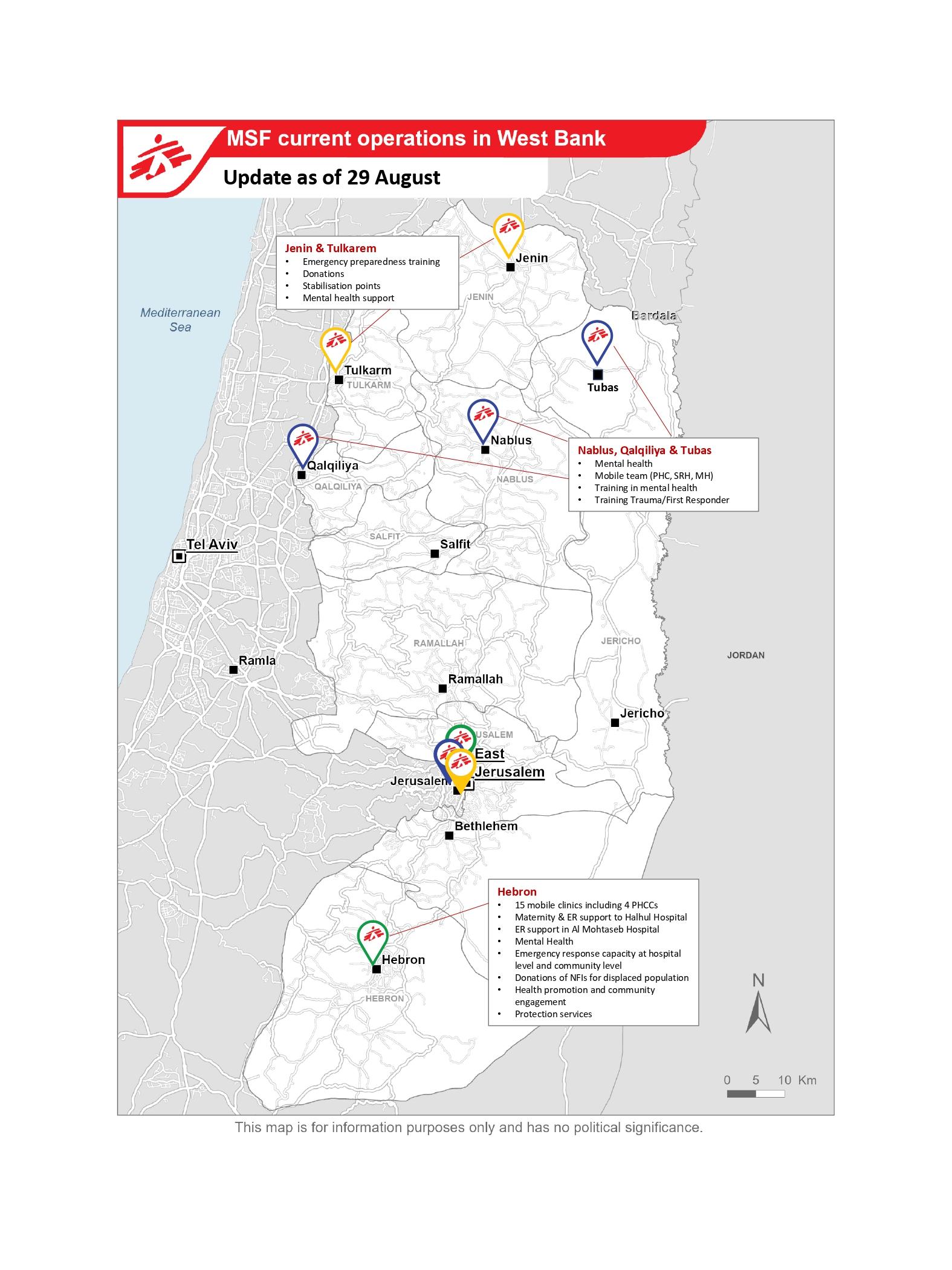 Carte des opérations de MSF en Cisjordanie ©MSF - 29 août 2025