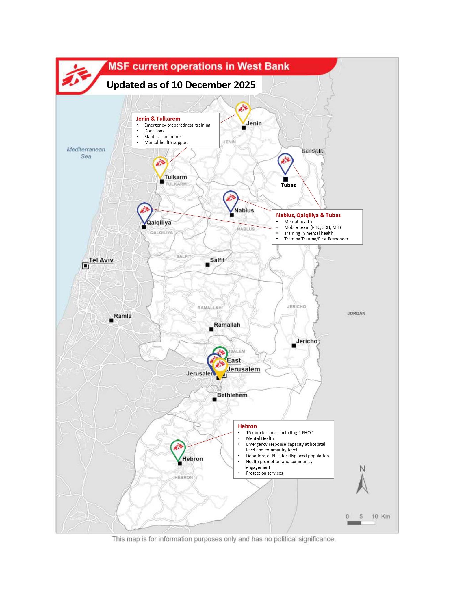Carte des opérations de Médecins Sans Frontières en Cisjordanie - 10 décembre 2025 ©MSF