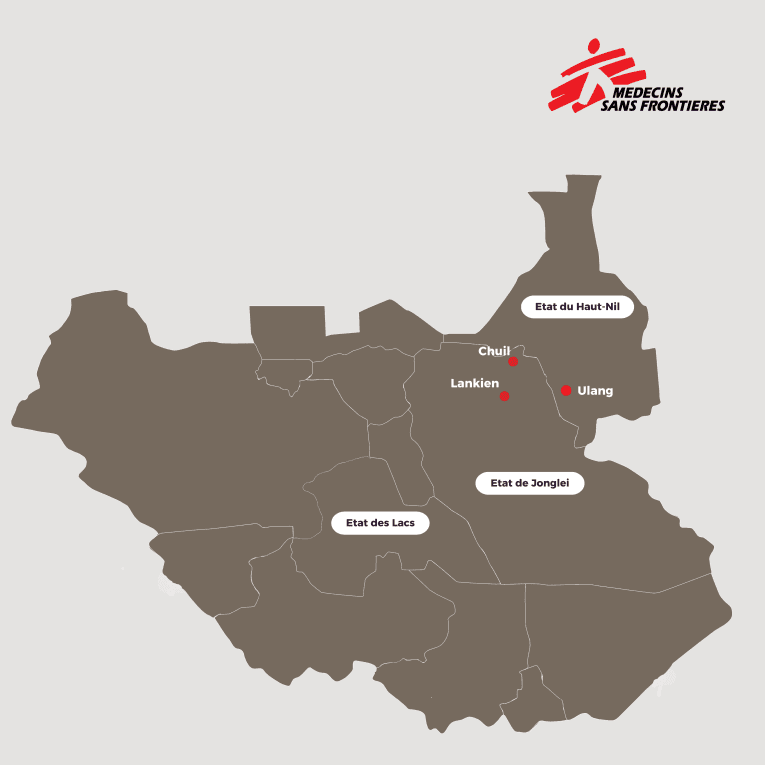 Carte des villes et régions accueillant les populations déplacées après l'escalade des conflits au Soudan du Sud. © MSF