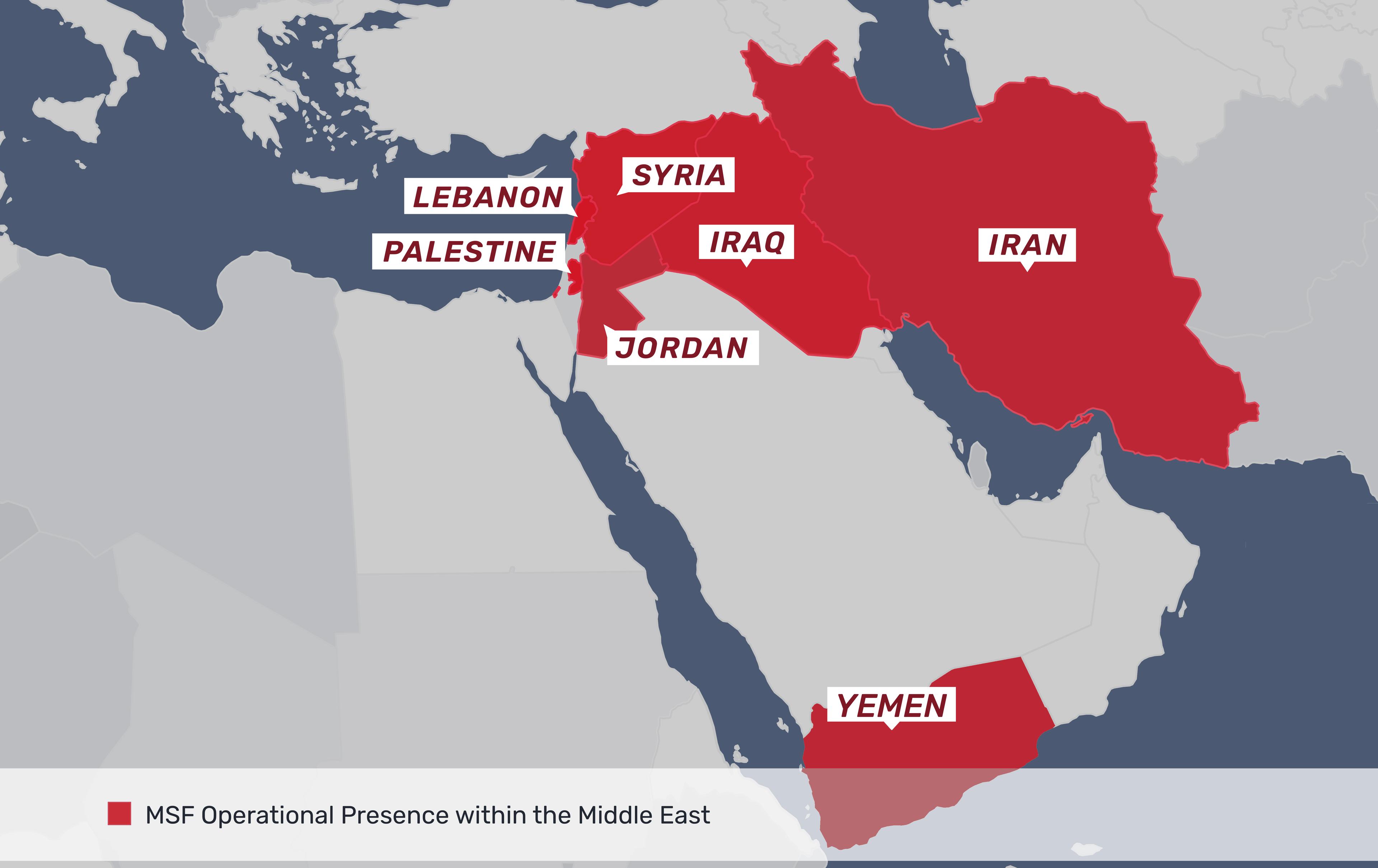Carte du conflit au Moyen-Orient et la présence de MSF dans la region © MSF