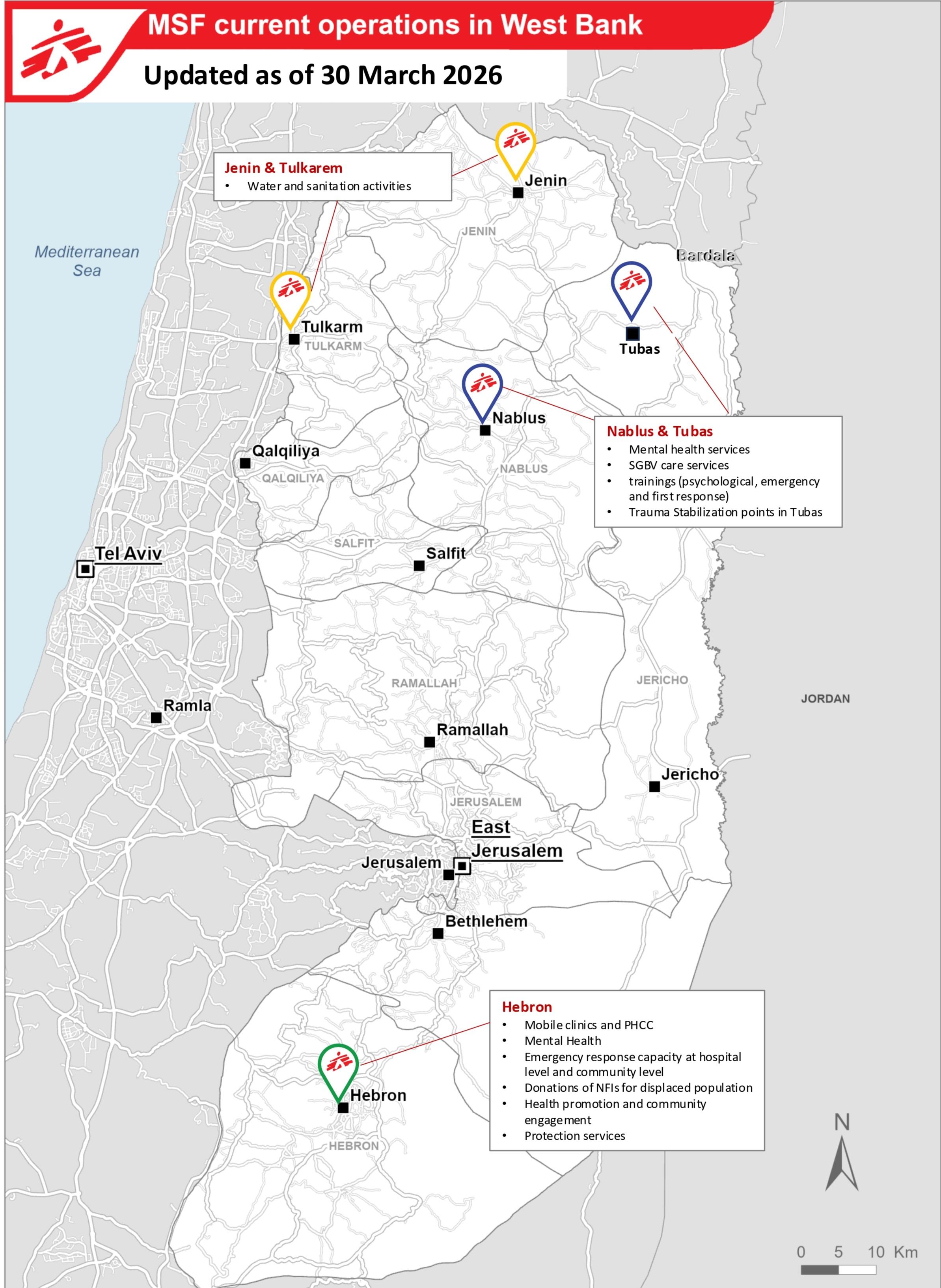 Carte des opérations de Médecins Sans Frontières en Cisjordanie, mars 2026