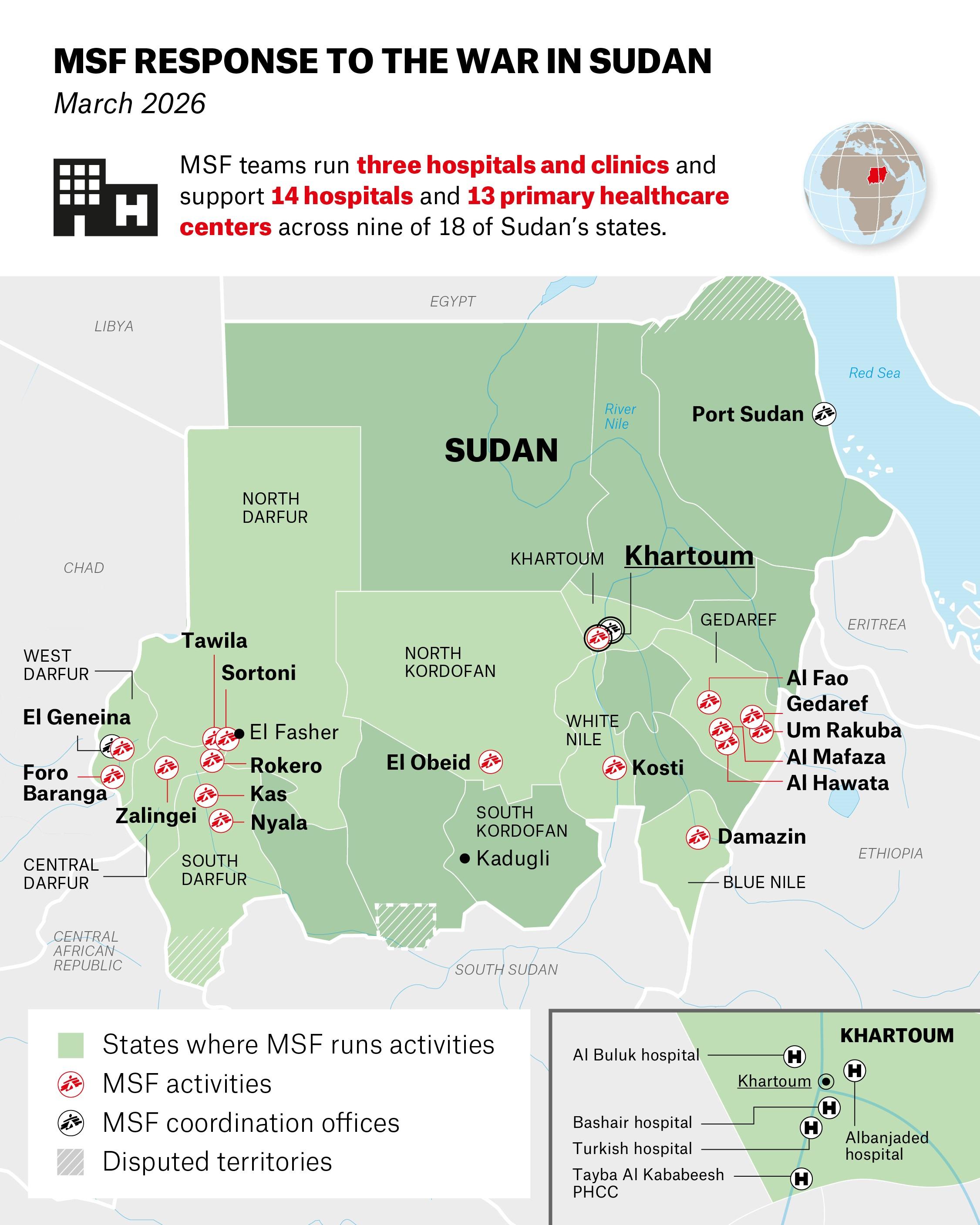 Cartes illustrant la réponse médicale et humanitaire de MSF face aux conséquences de la guerre au Soudan