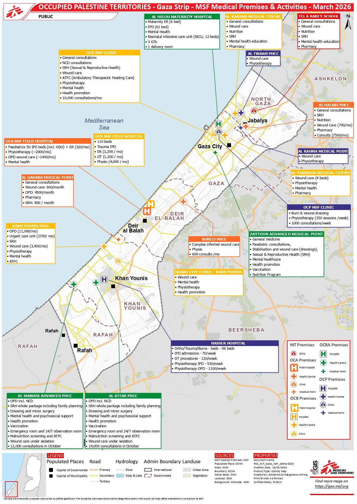 Carte des opérations de Médecins Sans Frontières dans la bande de Gaza, mars 2026