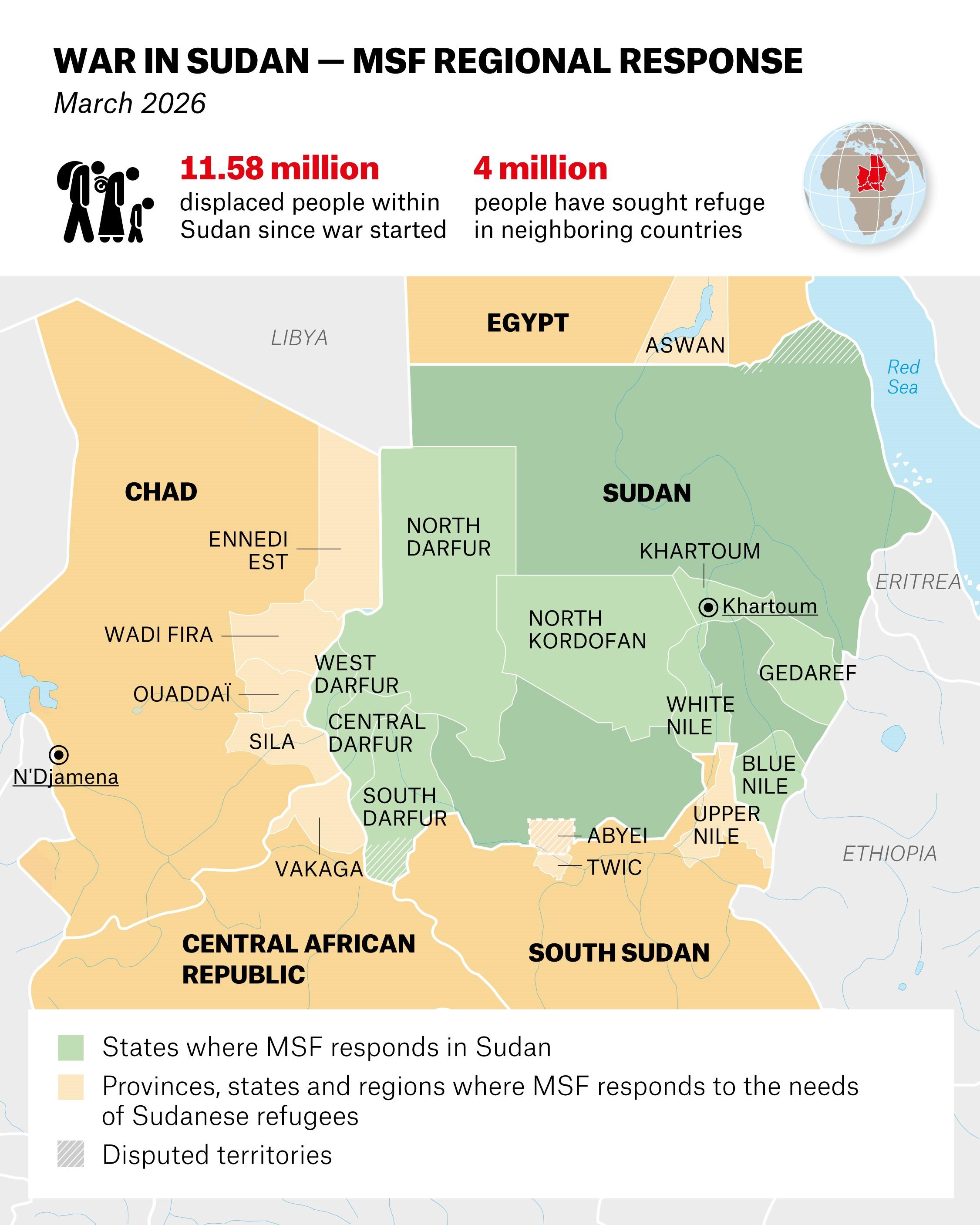 Cartes illustrant la réponse médicale et humanitaire régionale de MSF face aux conséquences de la guerre au Soudan.