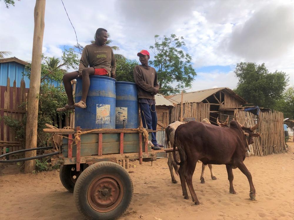 Deux hommes ramènent des bidons d&#039;eau en charrette dans la ville d&#039;Ambovombe. 
