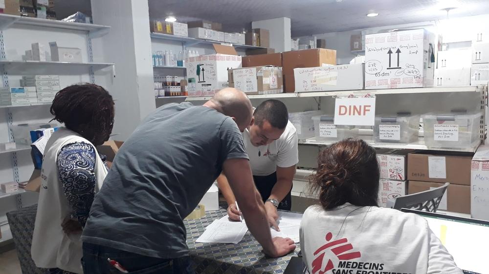 MSF staff prepare a medical supplies donation for the ministry of health in Gaza after Israeli strikes on October 8, 2023 
